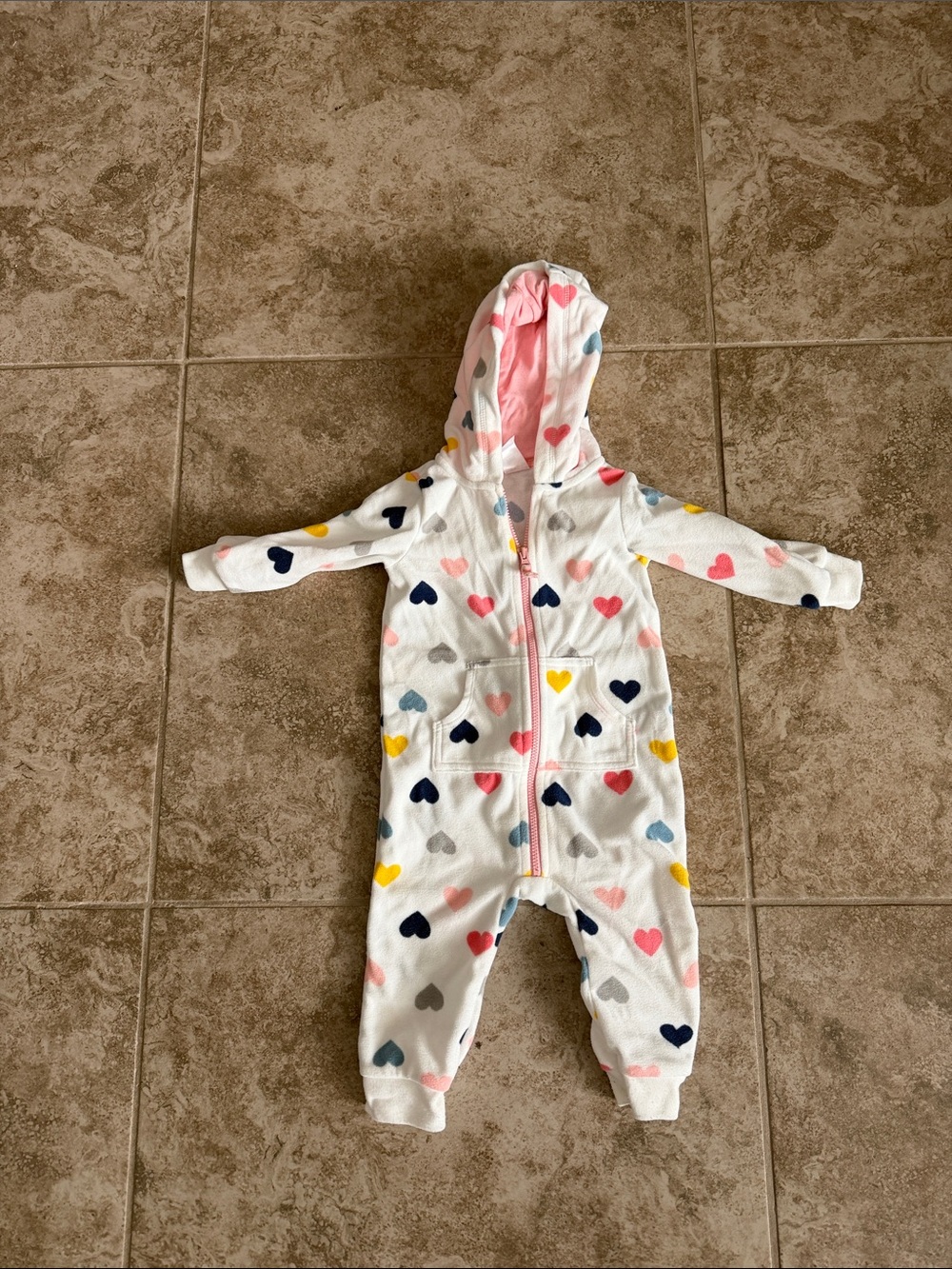 Carter's White Hooded Footie with Multicolor Heart Pattern